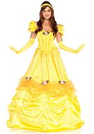 Princess Belle from Beauty and the Beast, costume dress, big bow, off shoulder, mesh overlay, flowers
